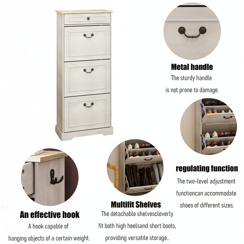 Shoe Storage Cabinet with 1 Drawer, 3 Flip Drawers, Freestanding Shoe Cabinet Organizer with Adjustable Shelf, Shoe Cabinet for Entryway, Foyer, Slim Shoe Cabinet-Antique White