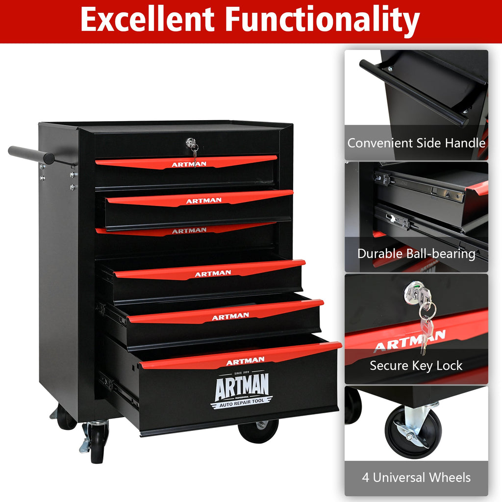 Rolling Metal Tool Chest with 6 Drawers, 20' Steel Storage Cabinet with Ball Bearing Slides, Black and Red Finish