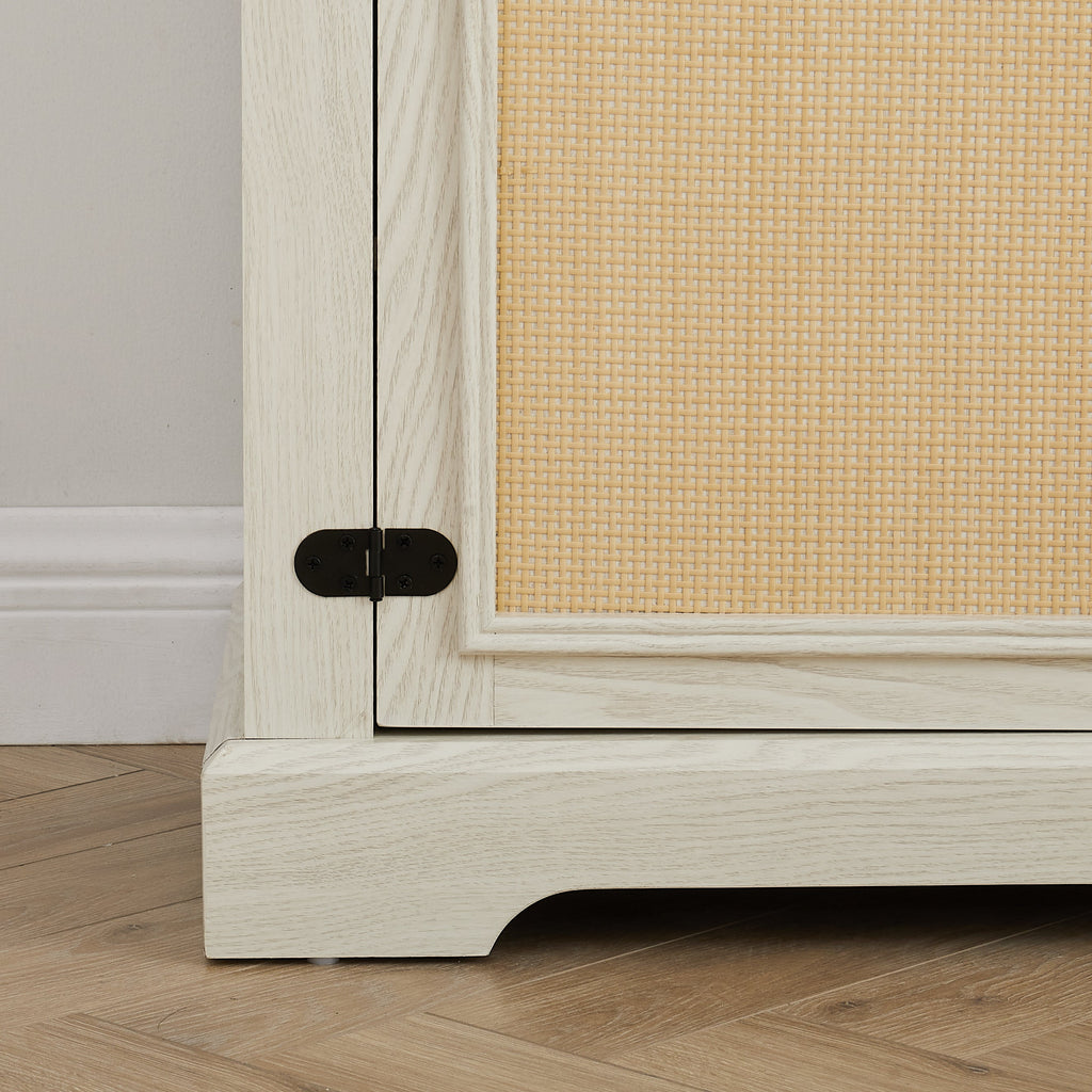 Natural Rattan Door Cabinet with Adjustable Shelf Wood, Farmhouse Rattan TV Stand Console Table for TVs up to 70 Inches, Storage tv stand with 23' fireplace insert, 65'W*15.55'D*23.86'H, White