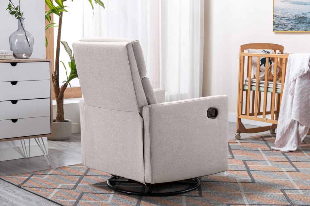 Modern Upholstered Rocker Nursery Chair with Plush Seating, Tan Linen, Swivel Recliner