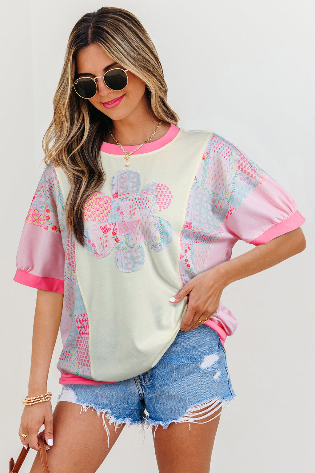 Floral Colorblock Patchwork Short Sleeve Top