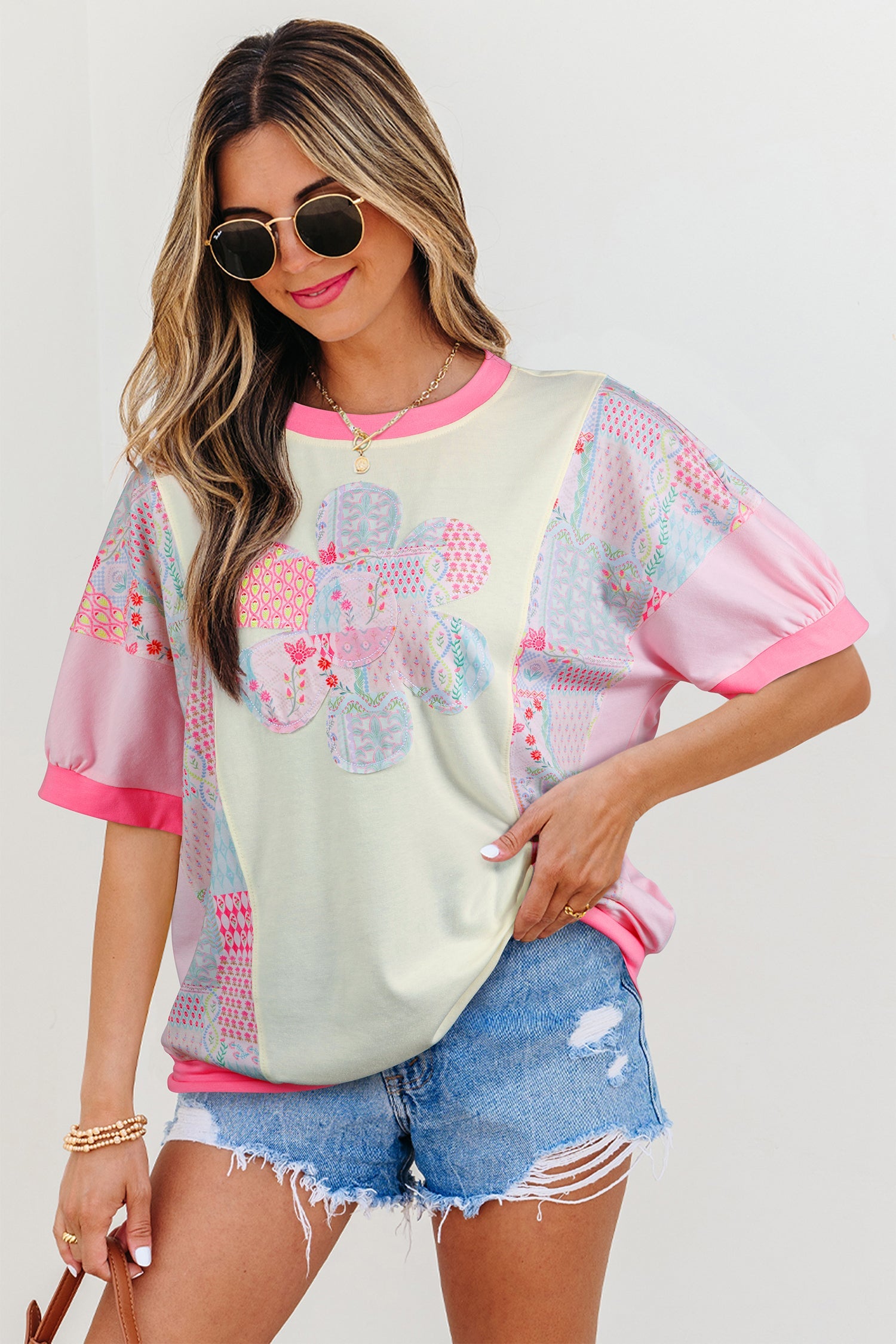 Floral Colorblock Patchwork Short Sleeve Top