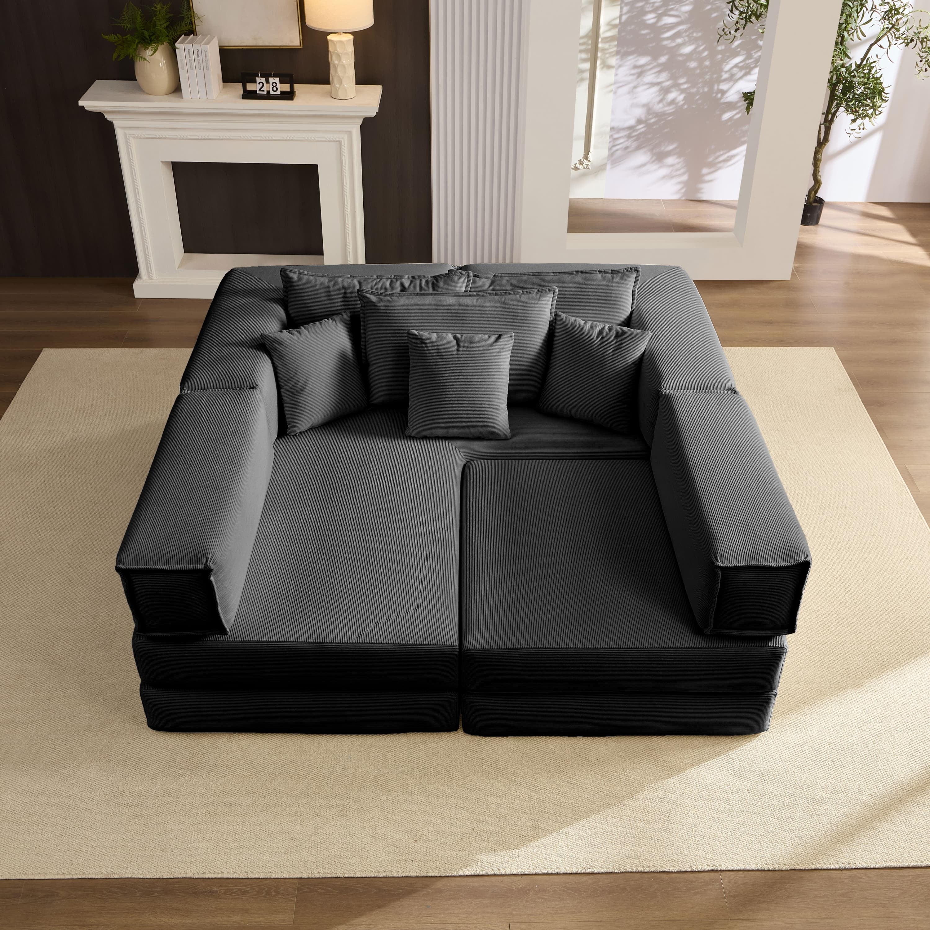 Oversized Upholstered Sectional Sofa Couch Set, Modular 118.2 ' L Shaped Floor Living Room Sofa Set With 6 Pillows, DIY Combination Sofa Couch for living rooms, apartments,bedrooms, Black