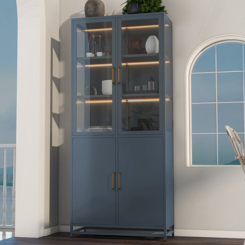 Modern Style 76.75'' Tall Steel Display Cabinet with Double Glass Doors, LED Lights, 3-Sided Glass for Collectibles - Dark Blue