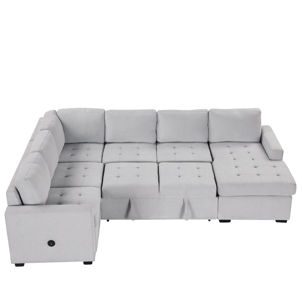 U_Style Sectional Sleeper Sofa with Pull-out Bed and Lounge Chair, USB and Type-C Interfaces, Suitable for Living Room, Office, and Spacious Spaces