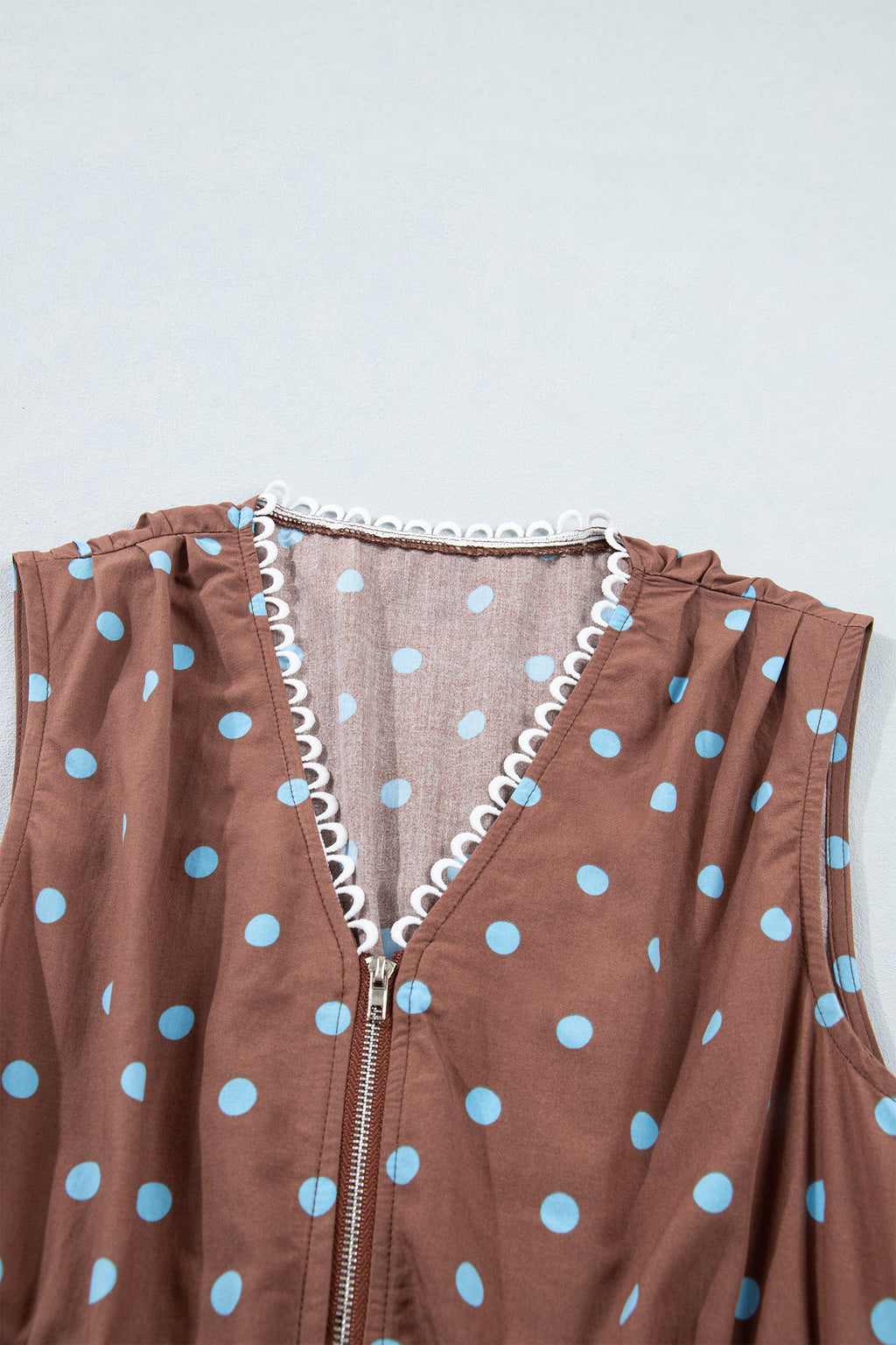 Polka Dot Zip Up V-Neck Sleeveless Dress