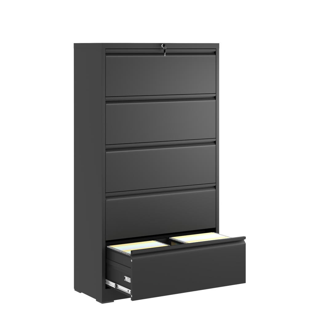 Modern Black 5-Drawer Steel Lateral File Cabinet with Lock for Legal/Letter/A4/F4 Files