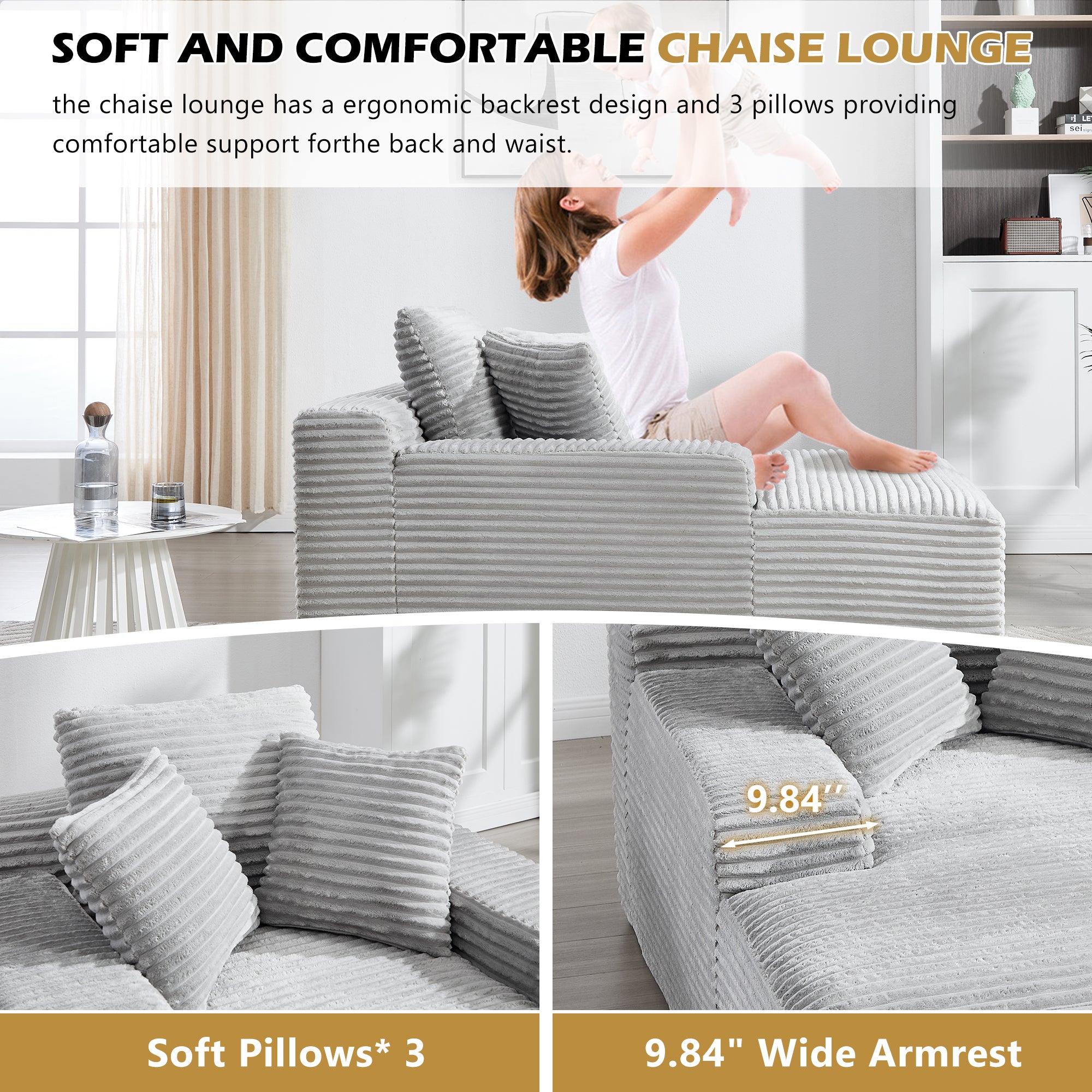 67' Chaise Lounge Chair 9.9'' Wide Armrest Indoor Corduroy Oversized Sleeper Sofa for Living Room Deep Seat Lounge and Three Soft Pillows Convertible Boneless Sofa Bed, Light Grey,No Assembly Required
