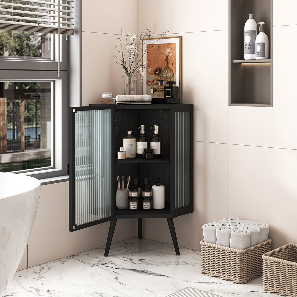 22.25' Floor Coner Cabinet with Tempered Glass Door & Storage Shelves for Bathroom, Living Room, Bedroom (Black)