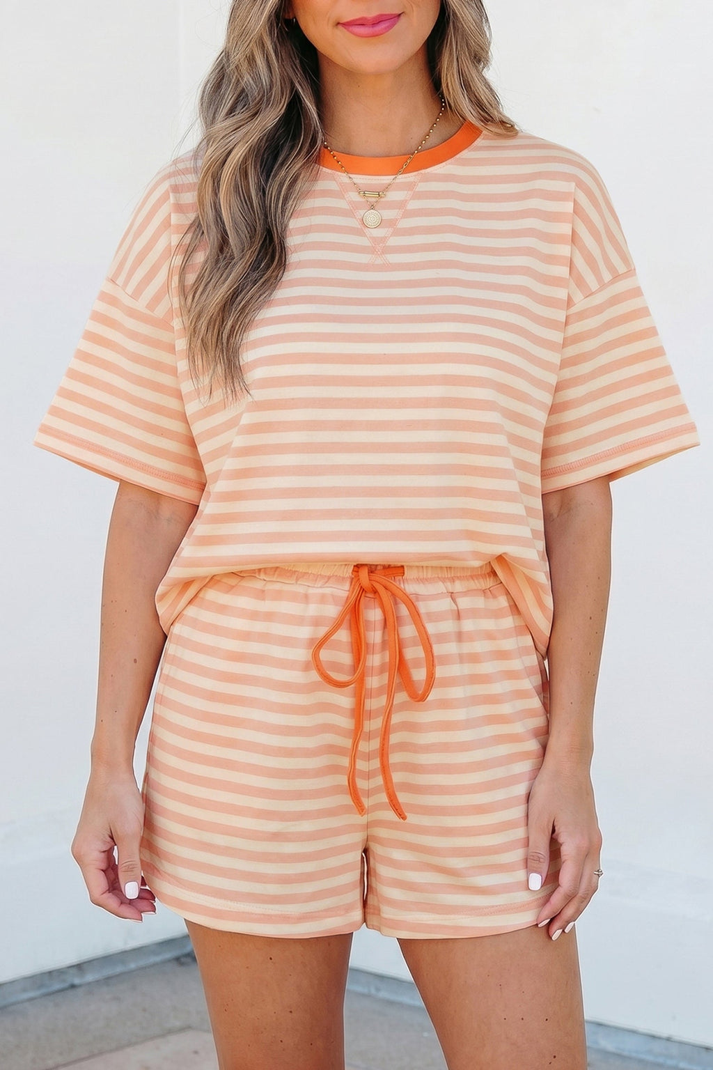 Stripe Contrast Trim Tee & Drawstring Shorts Set