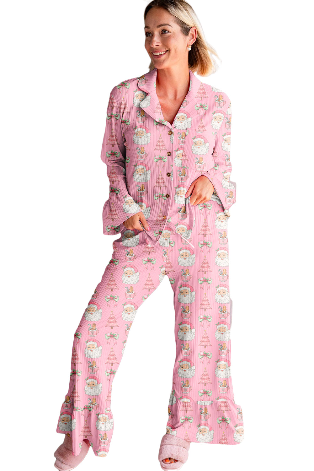 Pink Christmas Print Ruffle Ribbed Pajama Set With Shirt And Pants