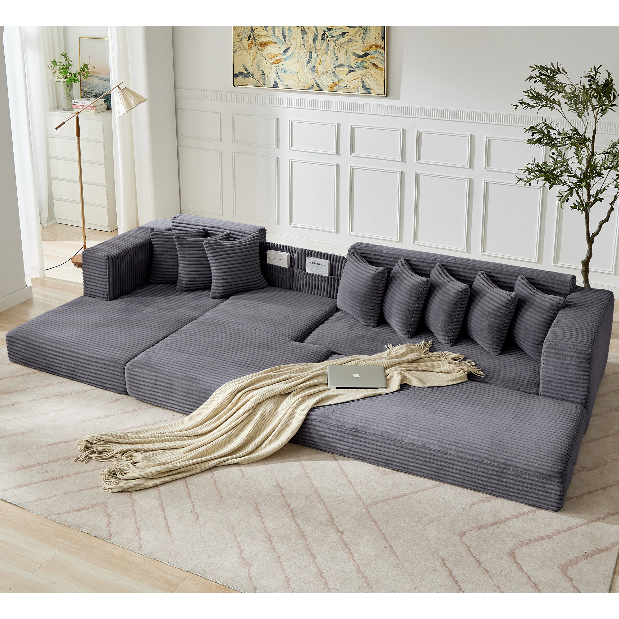 [NEW ARRIVED] [VIDEO PROVIDED] Oversize Cloud Couch, L-Shape Sofa, Convertible Floor Sleeper Sofa Bed, No Assembly ,Eight pillows,3-in-1,Side Pocket,(Left Facing Sofa),3 Seat,Corduroy,Dark Gray