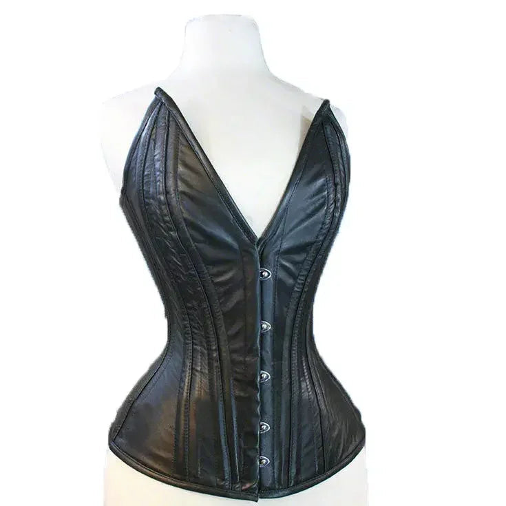 Genuine Real Sheep Leather & Stainless Steel Spiral Bones Over Bust Corset Black