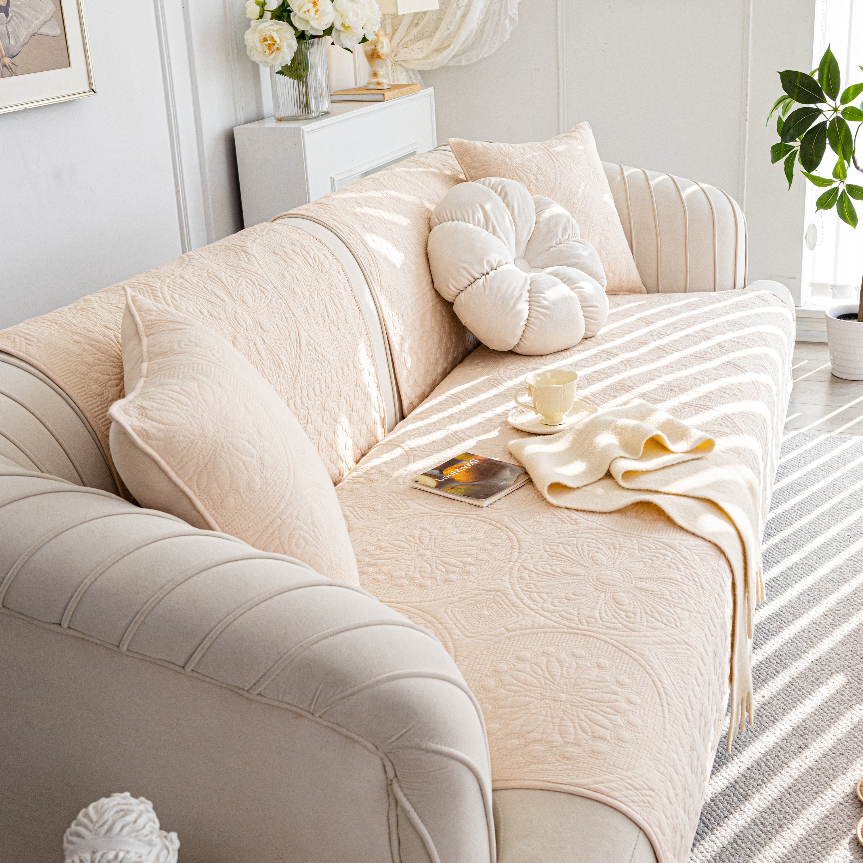 Cotton Quilted Sofa Cover, Non-Slip Couch Protector Fits Backrest, Seat & Armrest