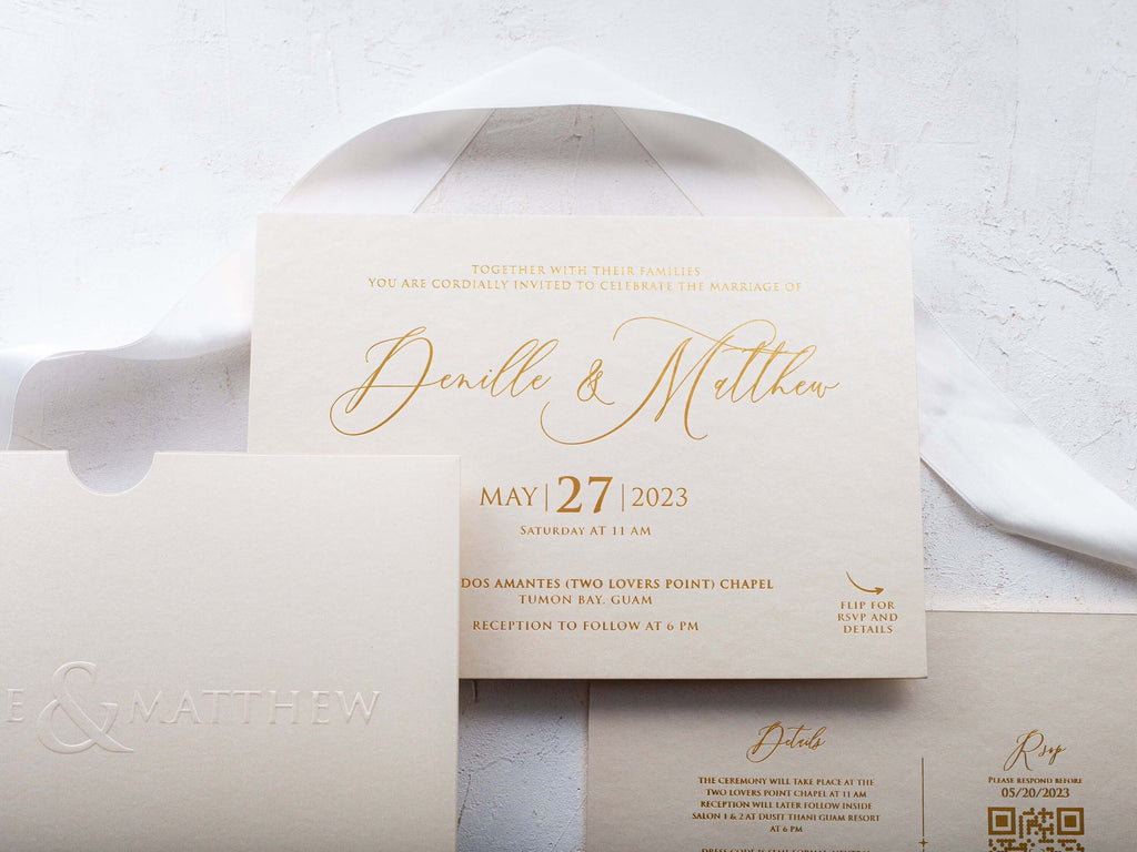 Ivory and Gold Embossed Wedding Invitations