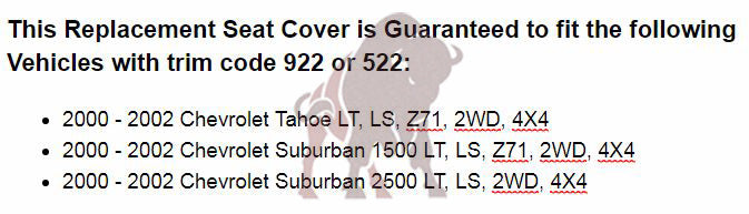 2000-2002 Chevy Tahoe/Suburban Seat Cover in Light Shale Tan: Choose From Variations