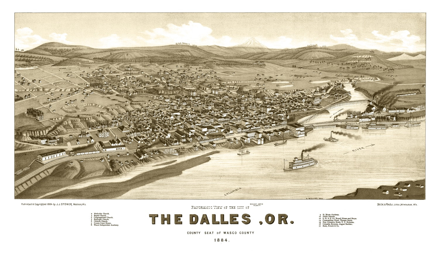 Vintage Map of Dalles, Oregon 1884