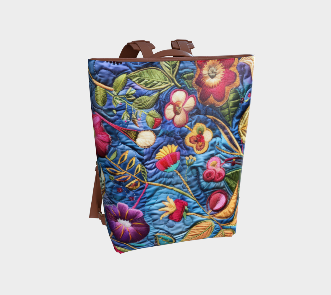Faux Embroidered Blue Floral Pattern Vegan Leather Backpack