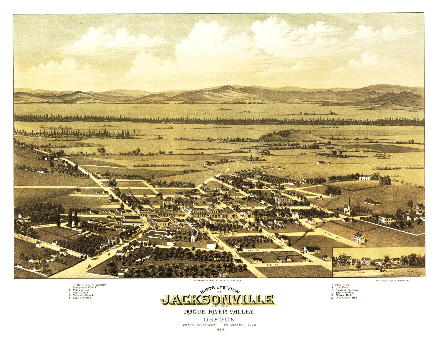 Vintage Map of Jacksonville, Oregon 1883