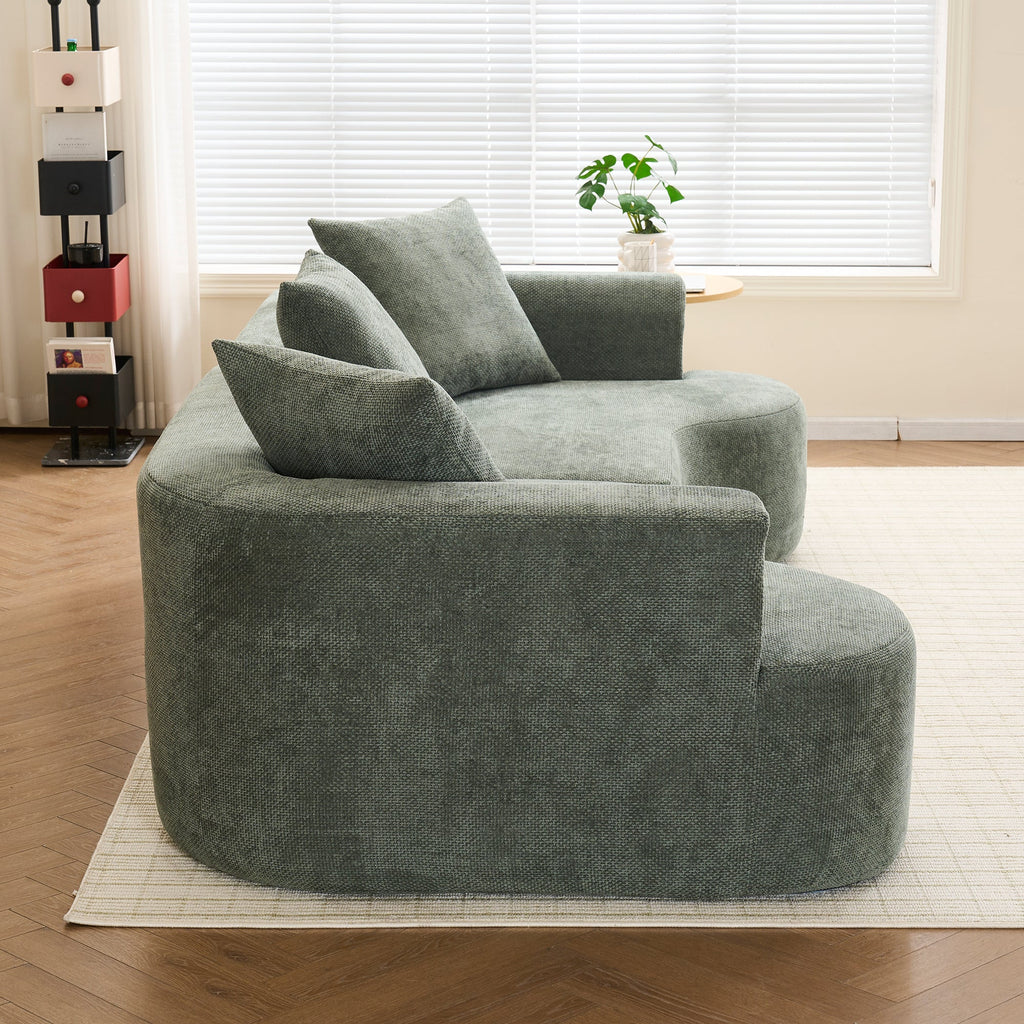 Modern Style Green Curved Sofa, Soft Corduroy Sofa with 3 Pillows, Living Room Milky White Ultra Smooth Curved Fabric Sofa
