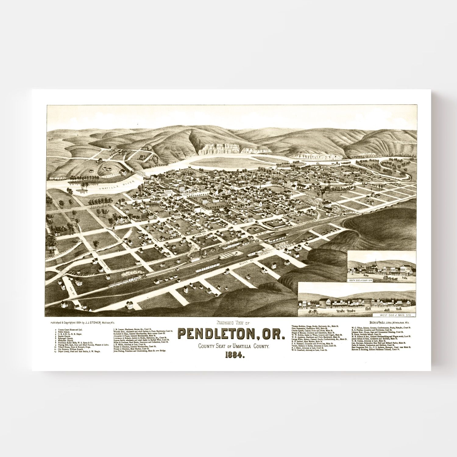 Vintage Map of Pendleton, Oregon 1884