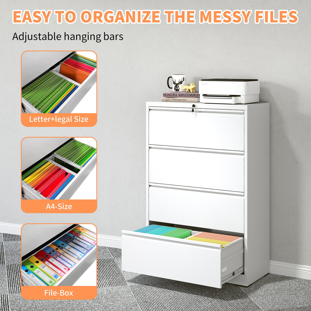 Modern Steel 4-Drawer Lateral File Cabinet with Lock, White Finish, Metal Construction, 35.43x15.75x52.28 inches