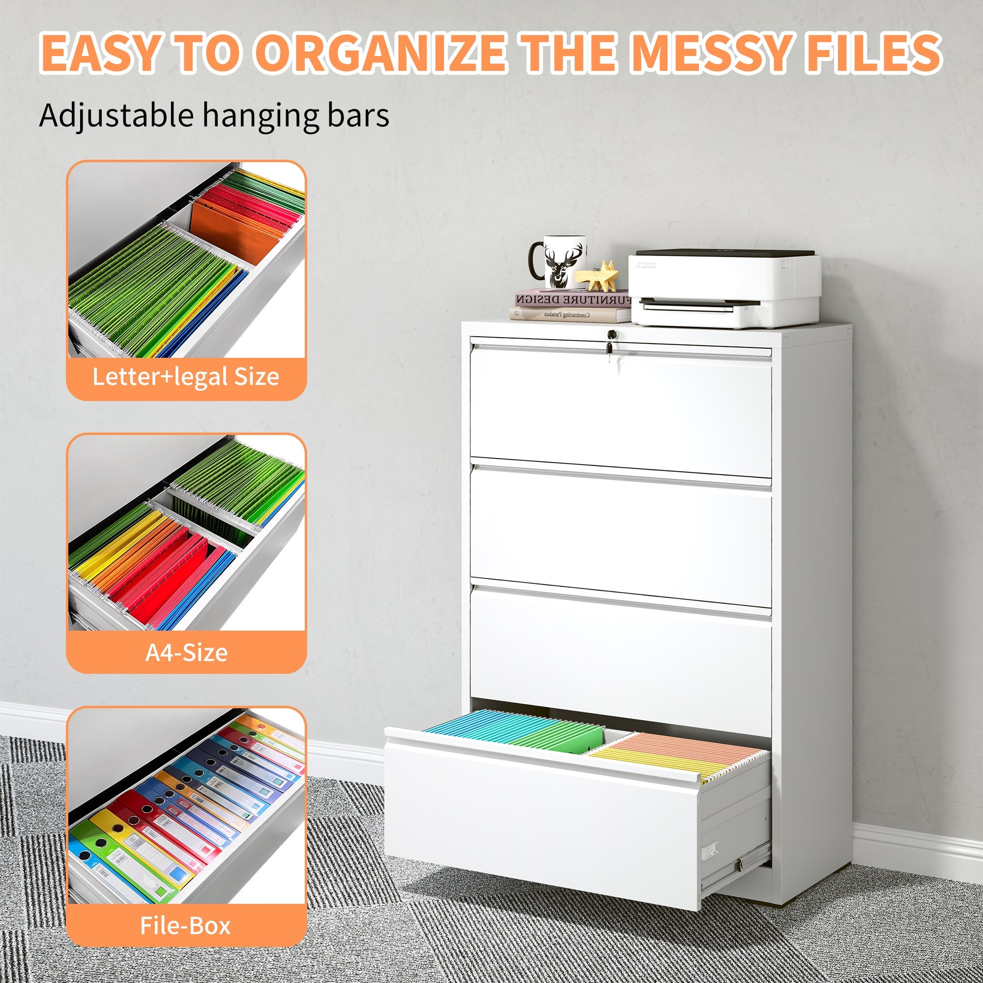 Modern Steel 4-Drawer Lateral File Cabinet with Lock, White Finish, Metal Construction, 35.43x15.75x52.28 inches