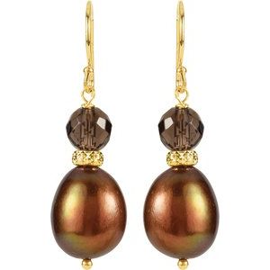 14K Yellow Gold Cultured Chocolate Freshwater Pearl & Natural Smoky Quartz Earrings – image 2