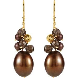 14K Yellow Gold Cultured Dyed Chocolate Freshwater Pearl & Natural Smoky Quartz Earrings – image 2