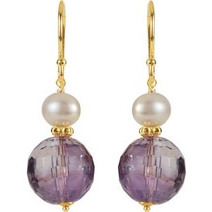 14K Yellow Gold Natural Amethyst & Cultured White Freshwater Pearl Earrings – image 2