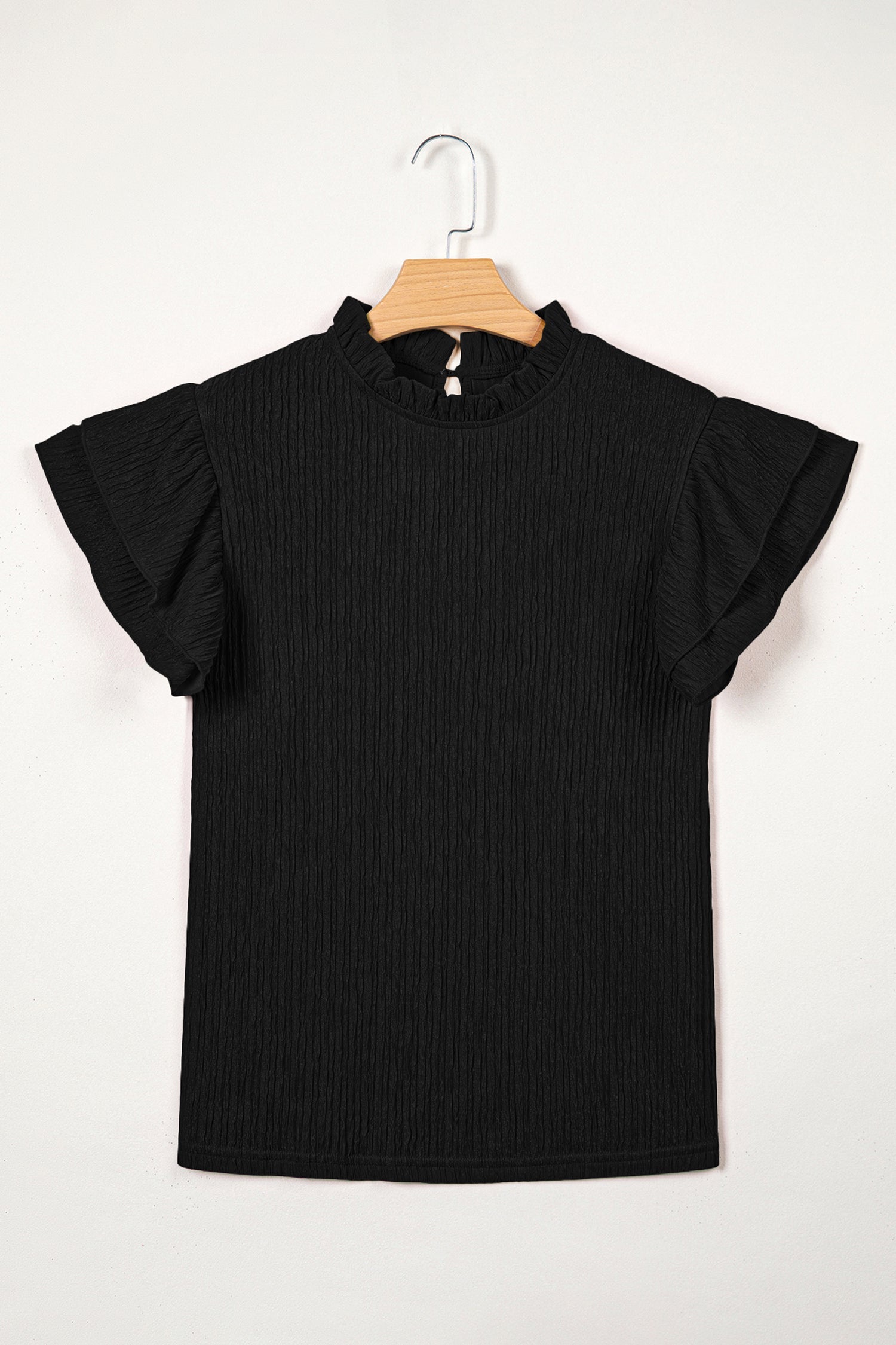 Solid Textured Ruffle Trim Short Sleeve Blouse
