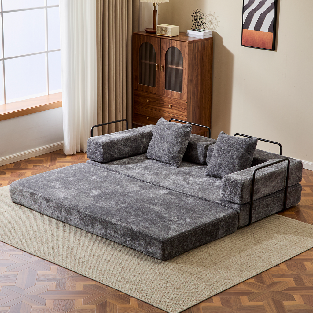 Floor Couch,Compression Sofa,Convertible Floor Sofa Bed-with Pillow Back Support Armrest,Comfy Futon Couch Lounge Sleeper Bed,Chenile fabric,for Living Room Bedroom (DARK-GREY)