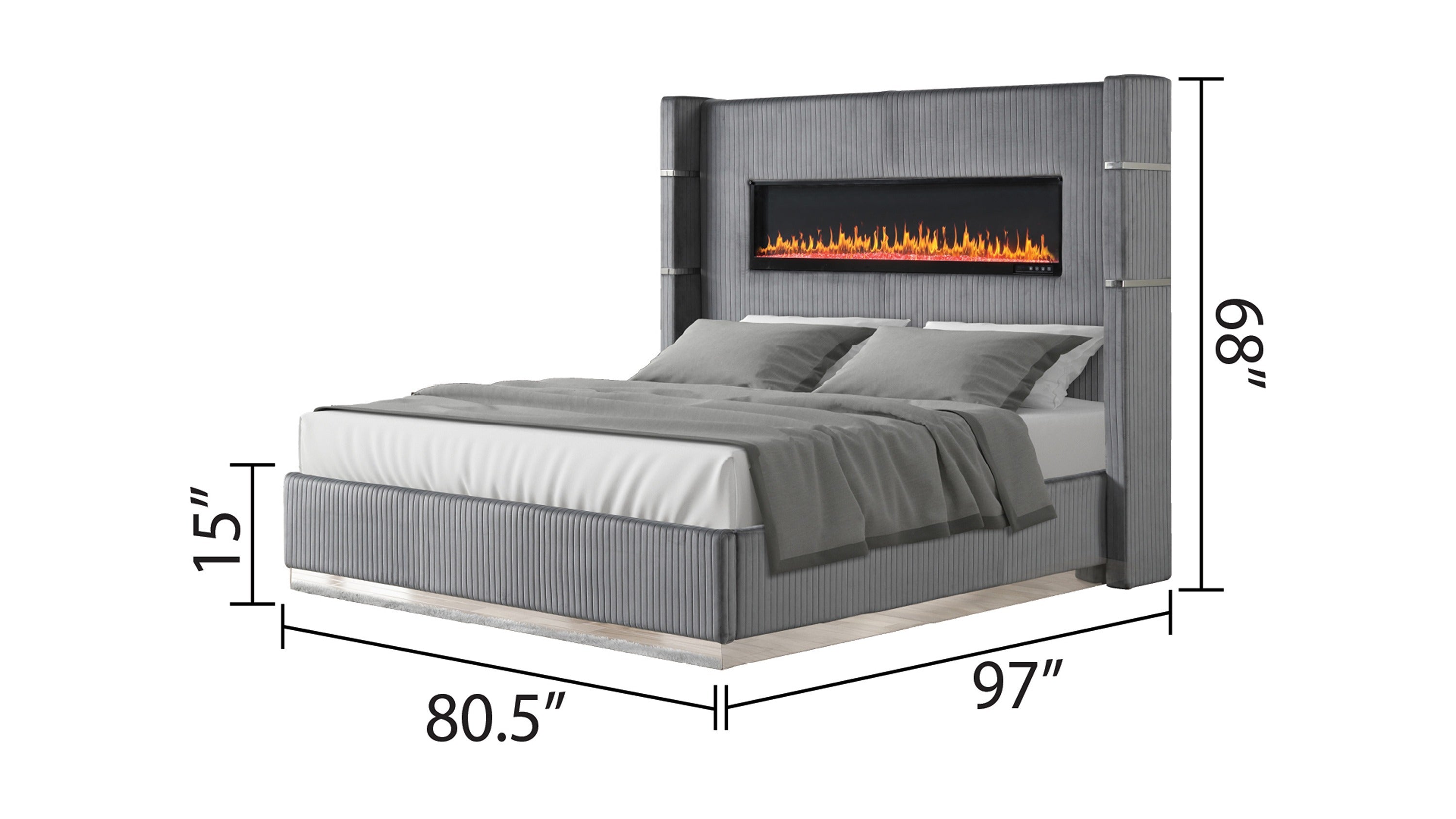 LIZZELLE Upholstery Wooden King 5 PC Bedroom set with Ambient lighting in Gray Velvet Finish(NJ INVENTORY)