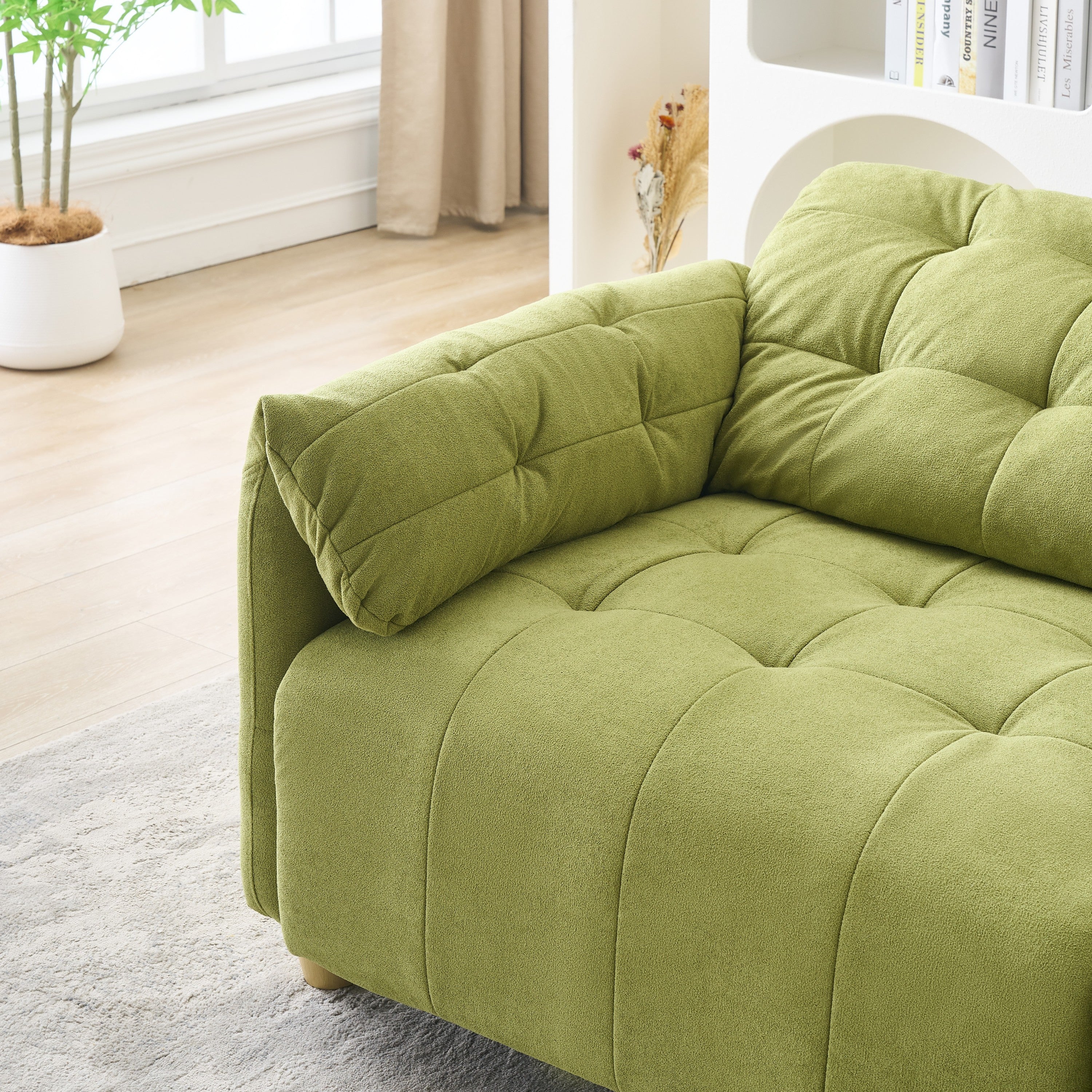 French retro cloud fabric double-seat creamy style straight-line sofa for the living room.