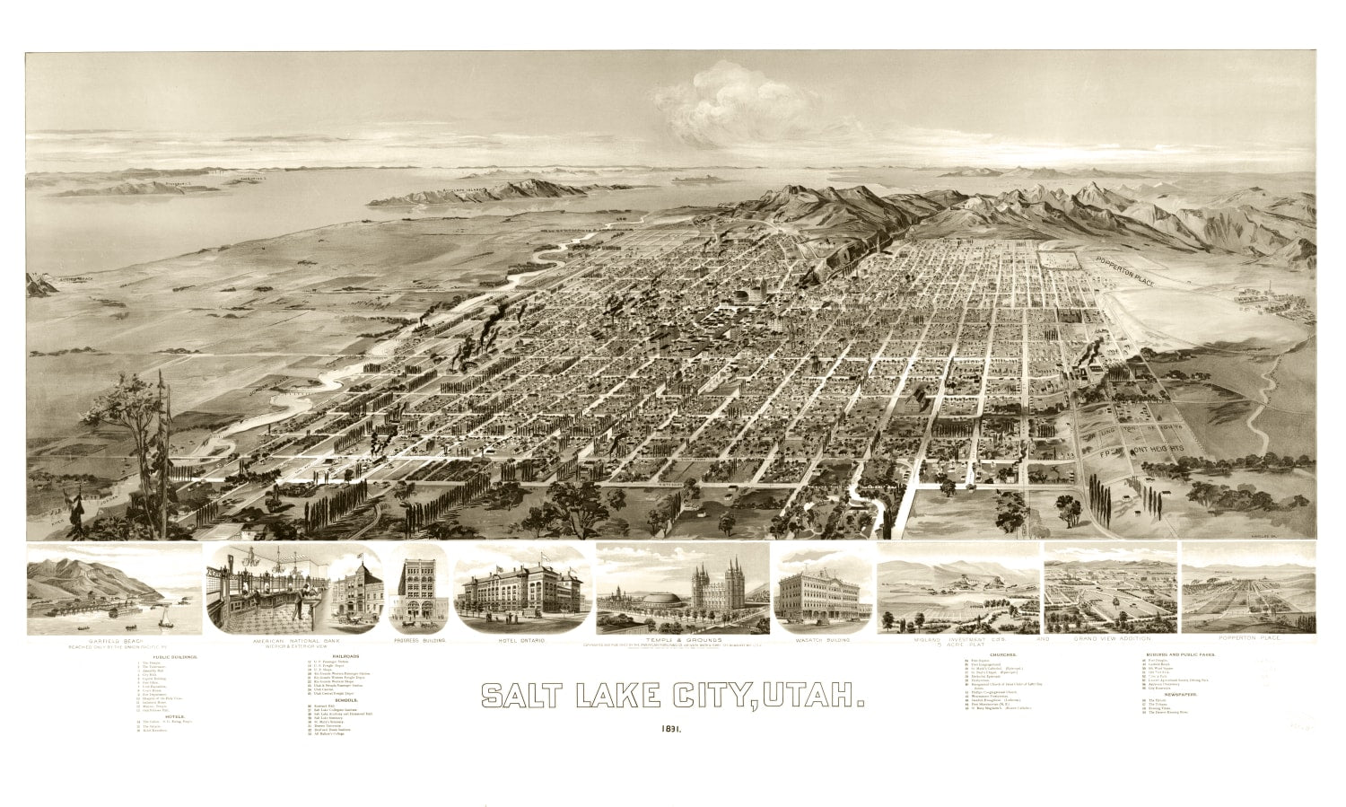 Vintage Map of Salt Lake City, Utah 1891
