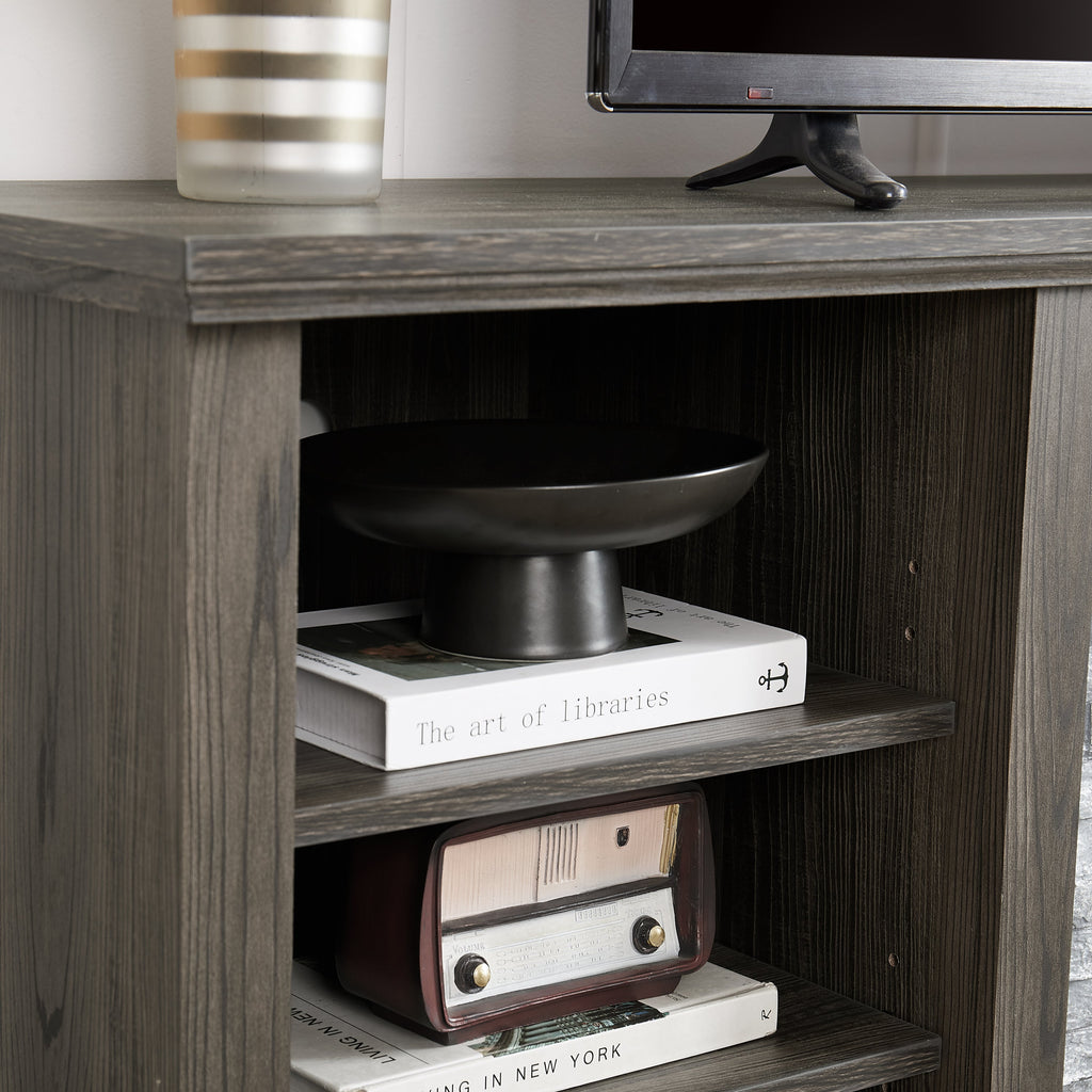 Large TV Stand TV Desk Storage Rack with Faux Stacked Stone Surround,Media Console Table with Large Storage Cabinet,Modern TV Media Entertaionment Stand,GREY, 70.12'W*15.35'D*25.83'H