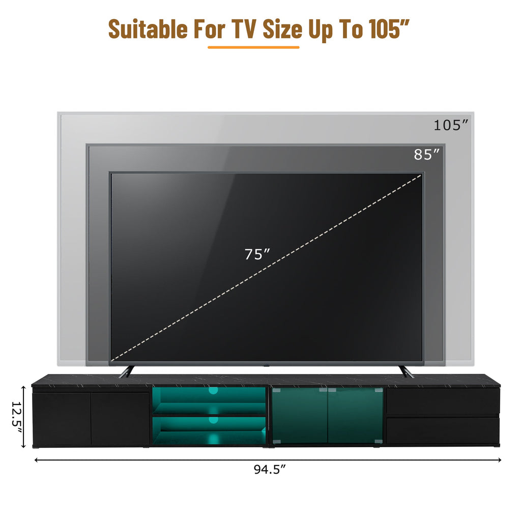 ON-TREND Modern APP Controlled LED TV Stand for TVs Up to 105'', Faux Marble Tabletop Media Console with Tempered Glass Doors, Entertainment Center with 2 Drawers & Cabinets for Living Room, Black