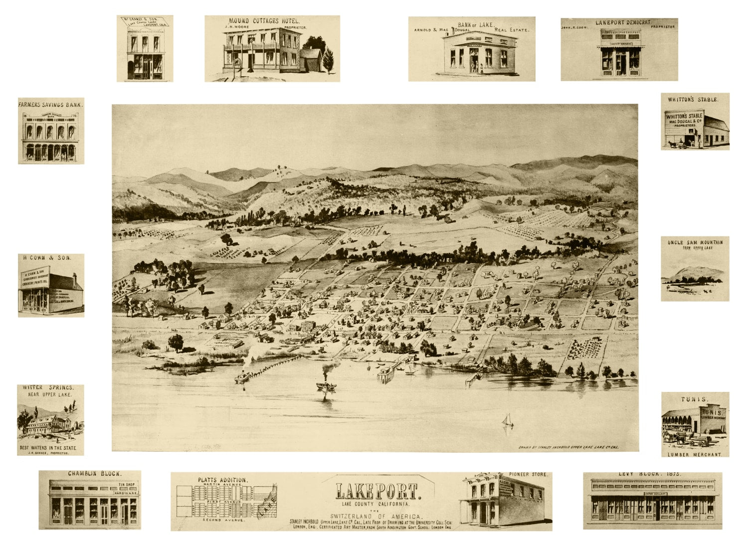 Vintage Map of Lakeport, California 1888