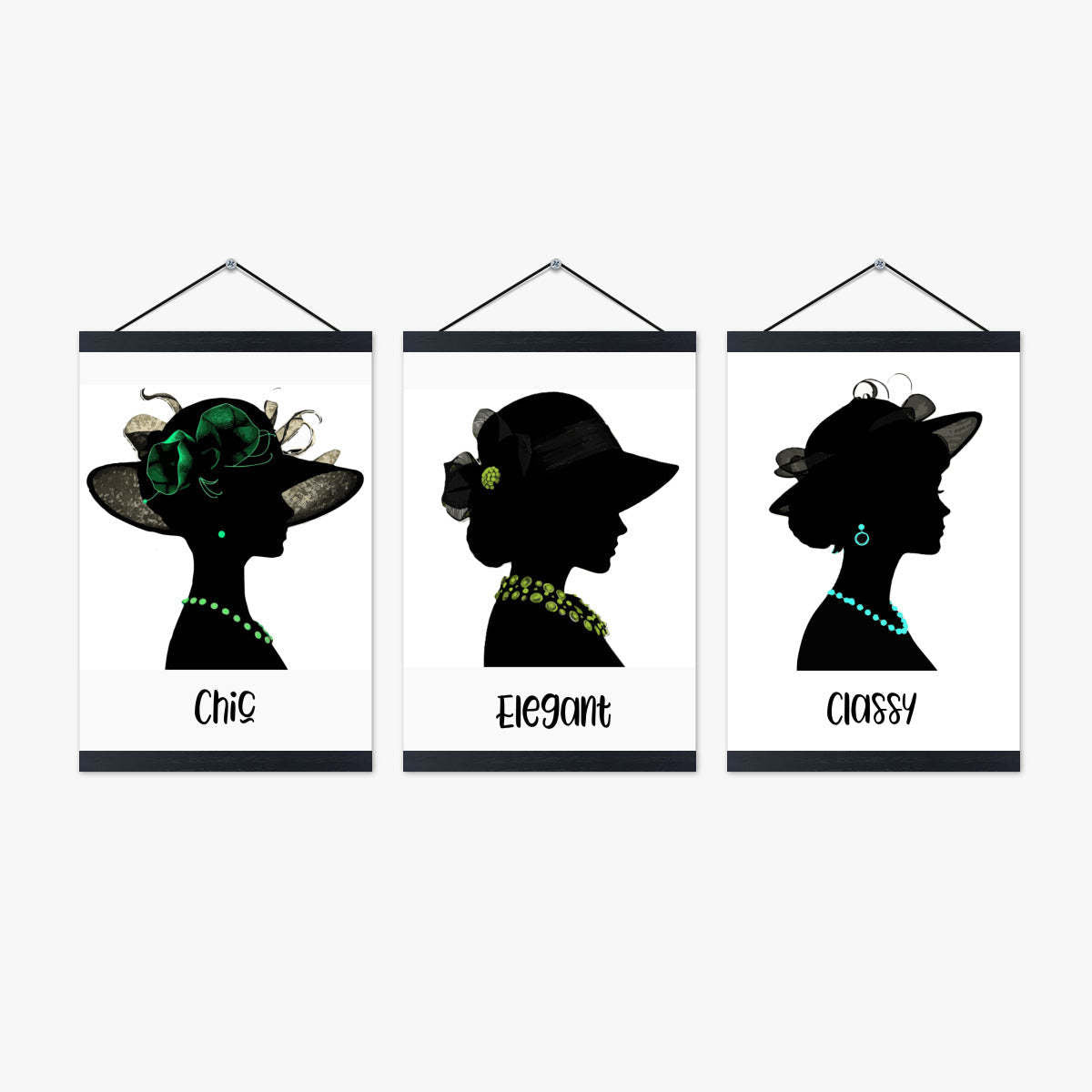 Fashionable Display of 3 Women with Hats and Jewelry on High Quality Canvas