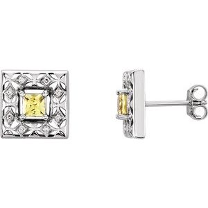 14K White Gold Natural Yellow Sapphire & .08 CTW Natural Diamond Earrings