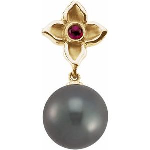 14K Yellow Gold 12 mm Cultured Gray Tahitian Pearl & Natural Ruby Pendant