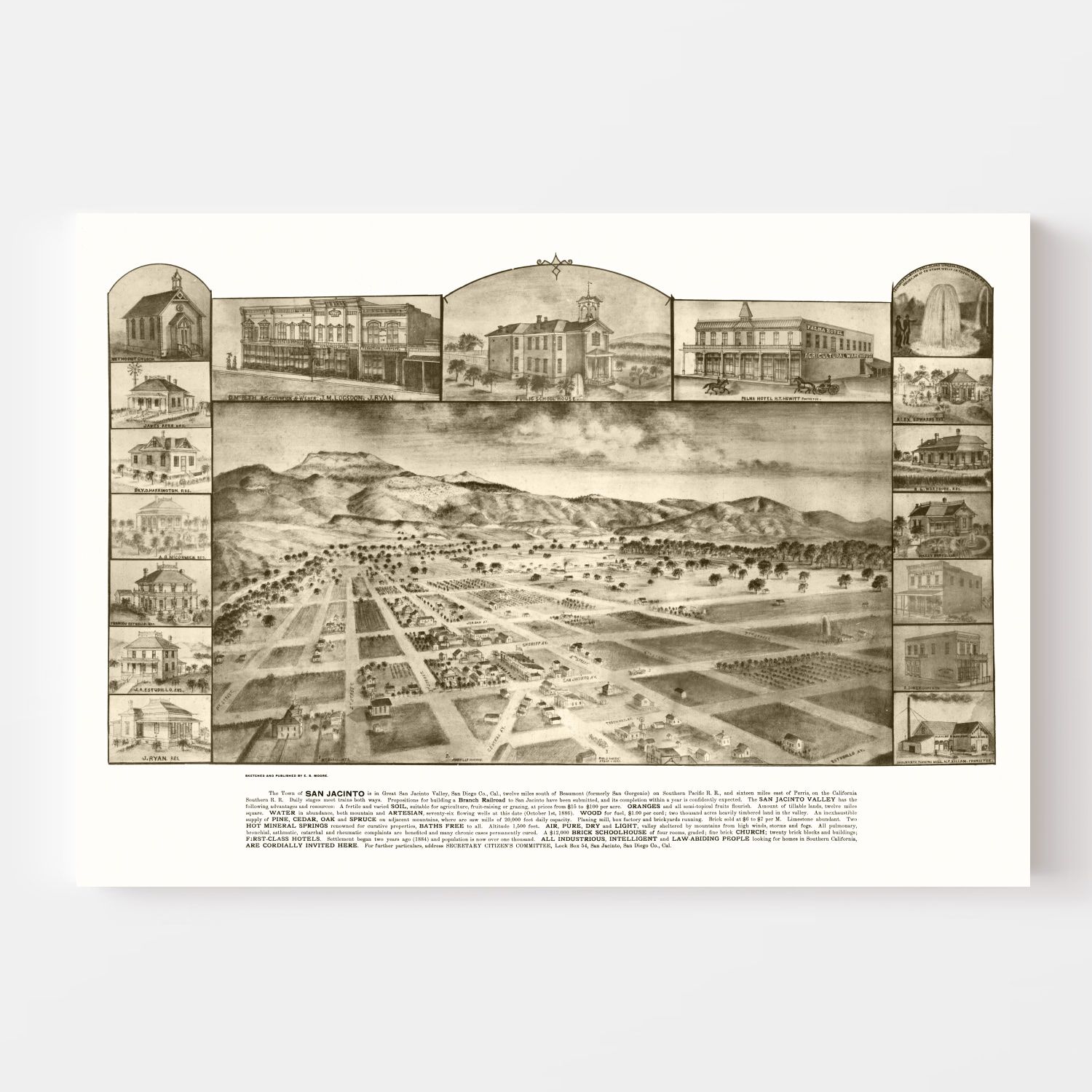 Vintage Map of San Jacinto, California 1886