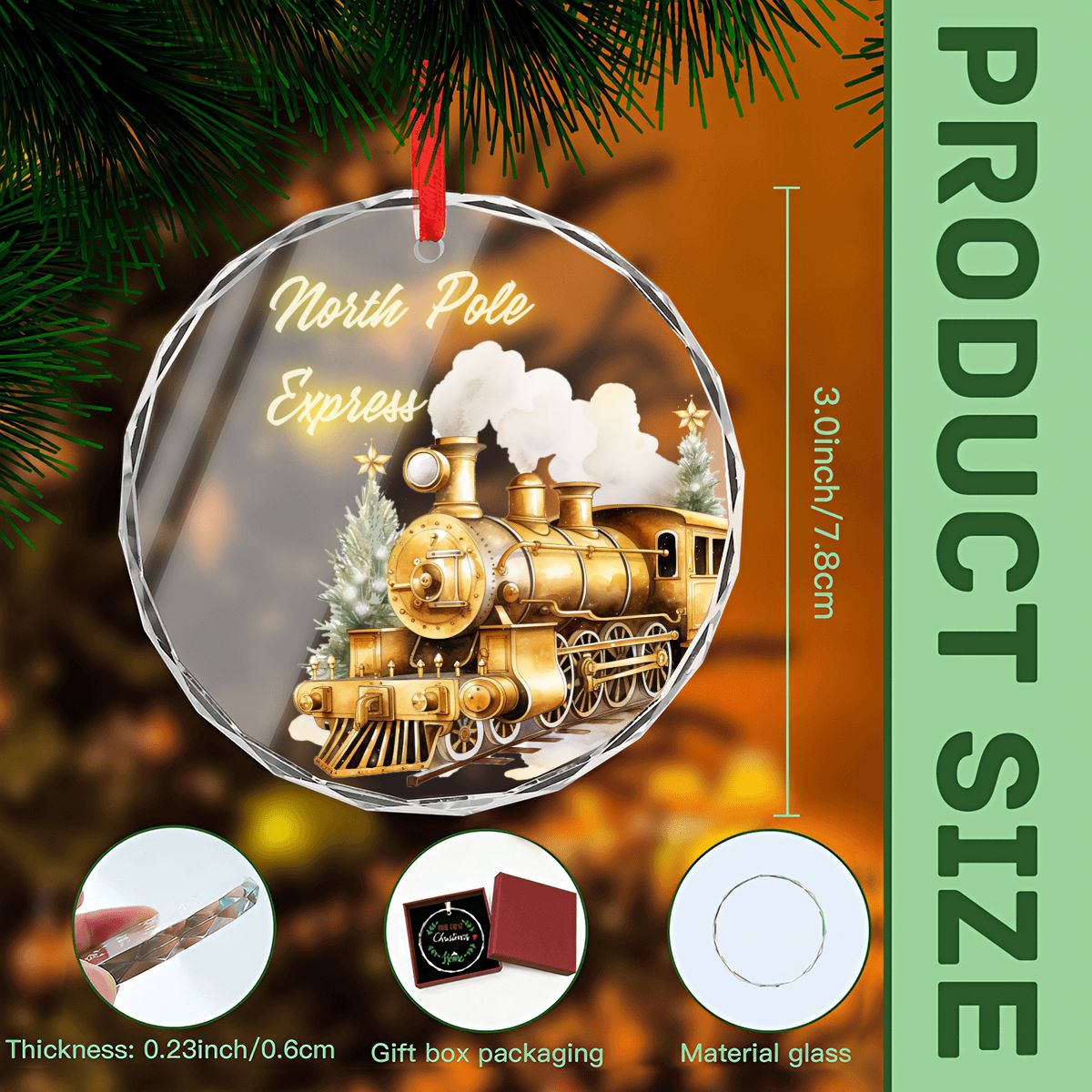 North Pole Express Golden Train Round Glass Christmas Ornament (Made in USA)
