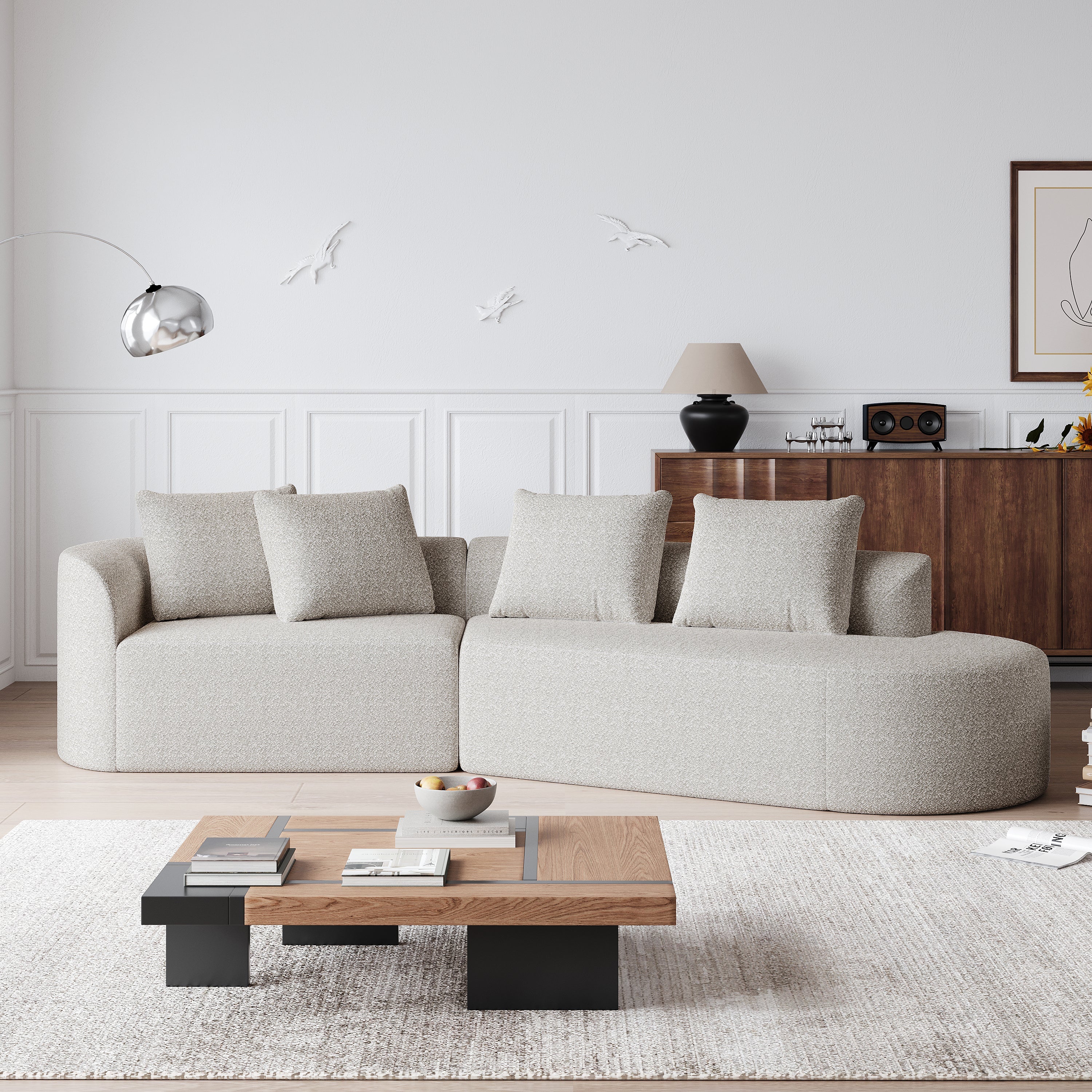 Modern Upholstered Oversized Sectional Sofa, 112-Inch Chenille 4-Seater Extra Deep & Wide Seat Curved Cloud Couch with 4 Throw Pillows, Free Combination Sofa Couch for Living Room,Bedroom