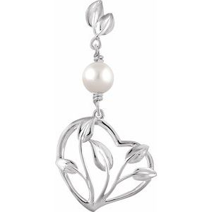 14K White Gold Cultured White Freshwater Pearl Leaf Heart Pendant