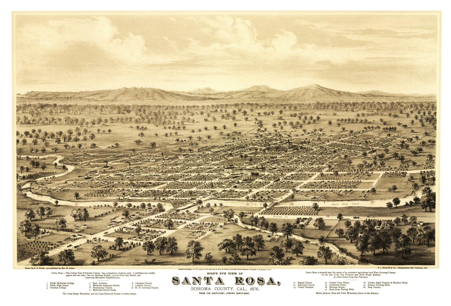 Vintage Map of Santa Rosa, California 1876