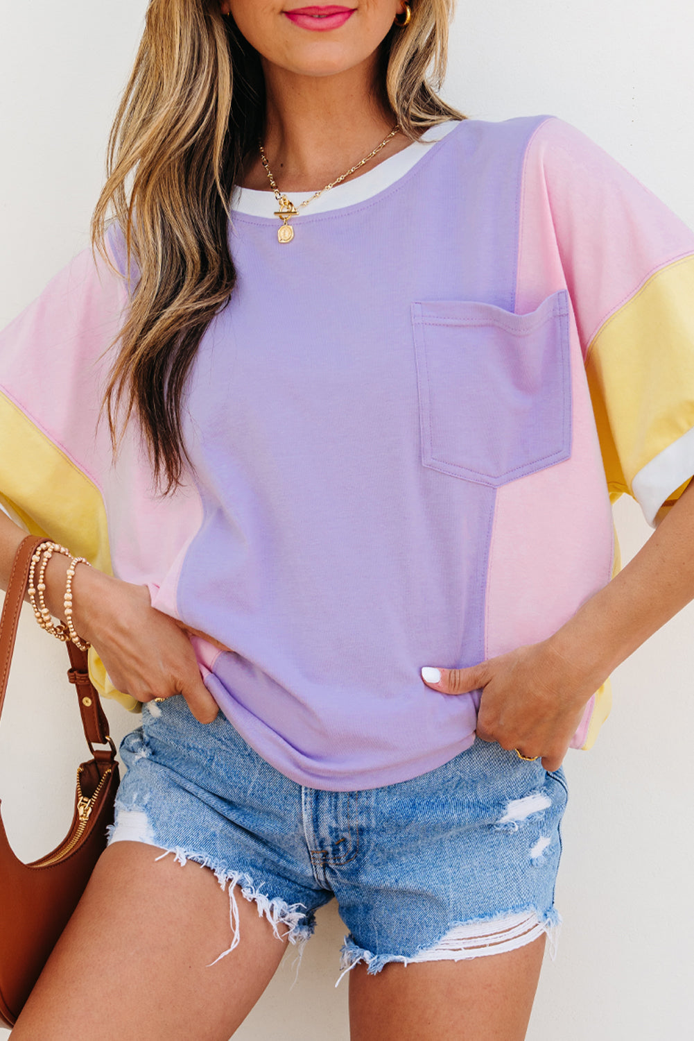 Colorblock Patchwork 3/4 Sleeve Chest Pocket T-Shirt