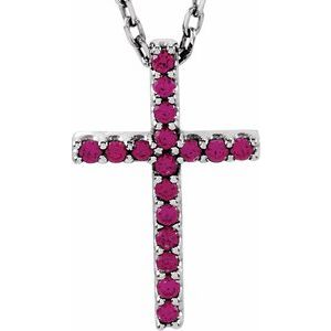 14K White Gold Natural Ruby Petite Cross 16" Necklace