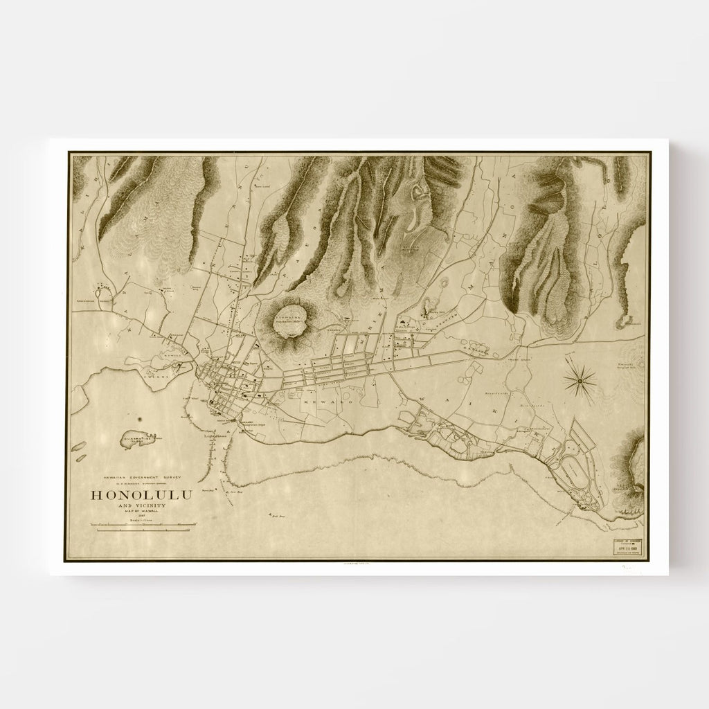 Vintage Map of Honolulu, Hawaii 1887
