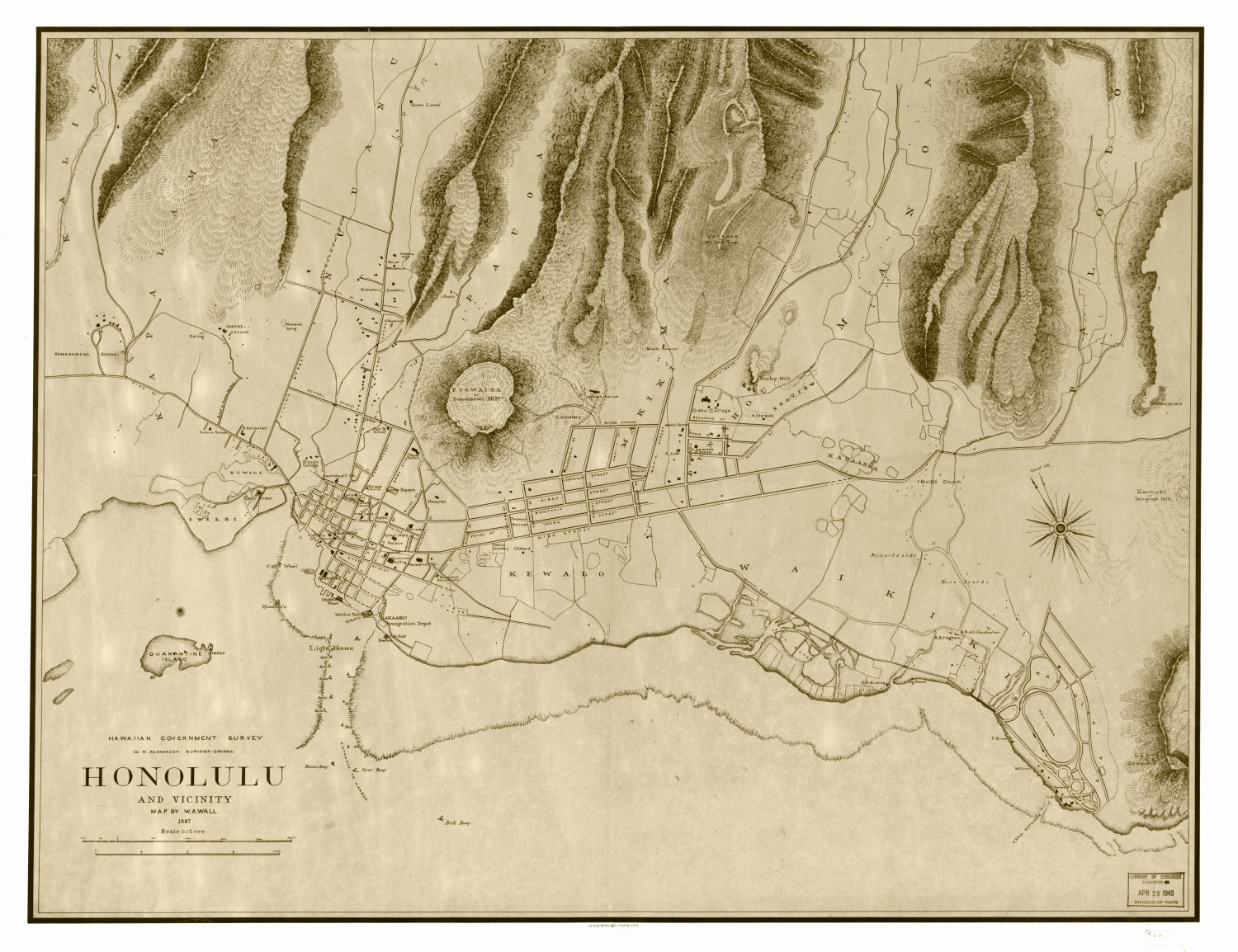 Vintage Map of Honolulu, Hawaii 1887